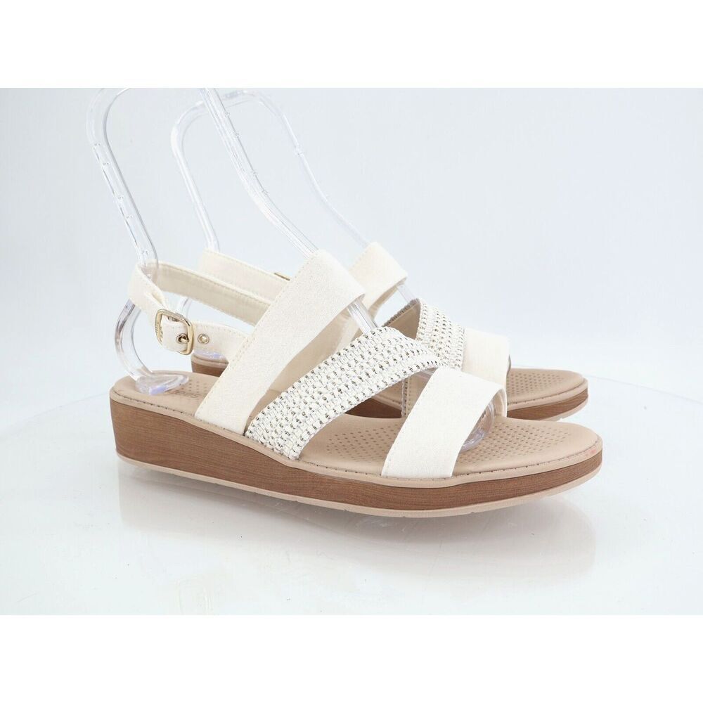 BZees Women's Bravo Slingback Strappy Sandals Ivory Gold Lame Fabric Size 10M
